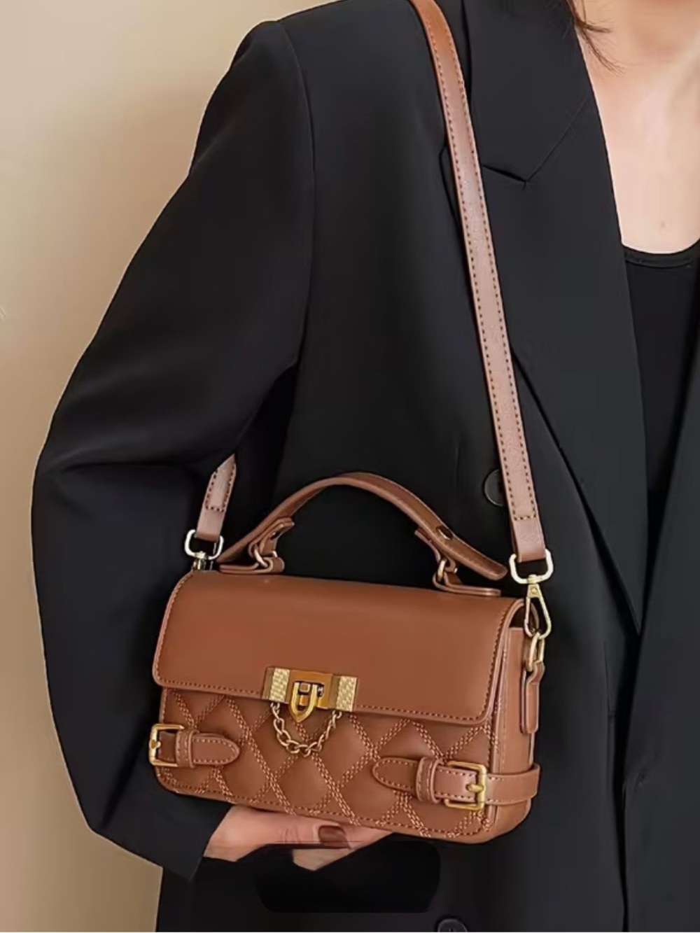 Quilted Mini Top-Handle Crossbody Bag in Cognac Brown